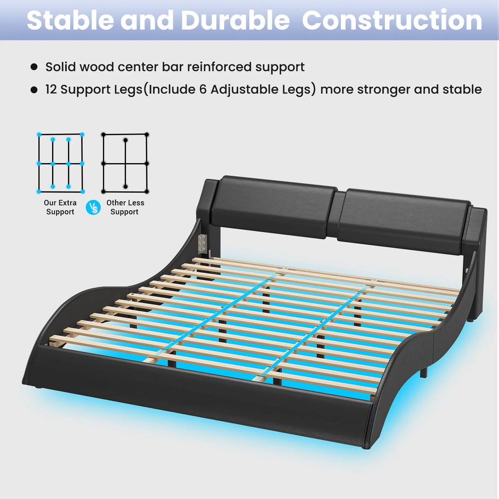 King Size Faux Leather Platform Bed Frame with Headboard and LED Lights E3454