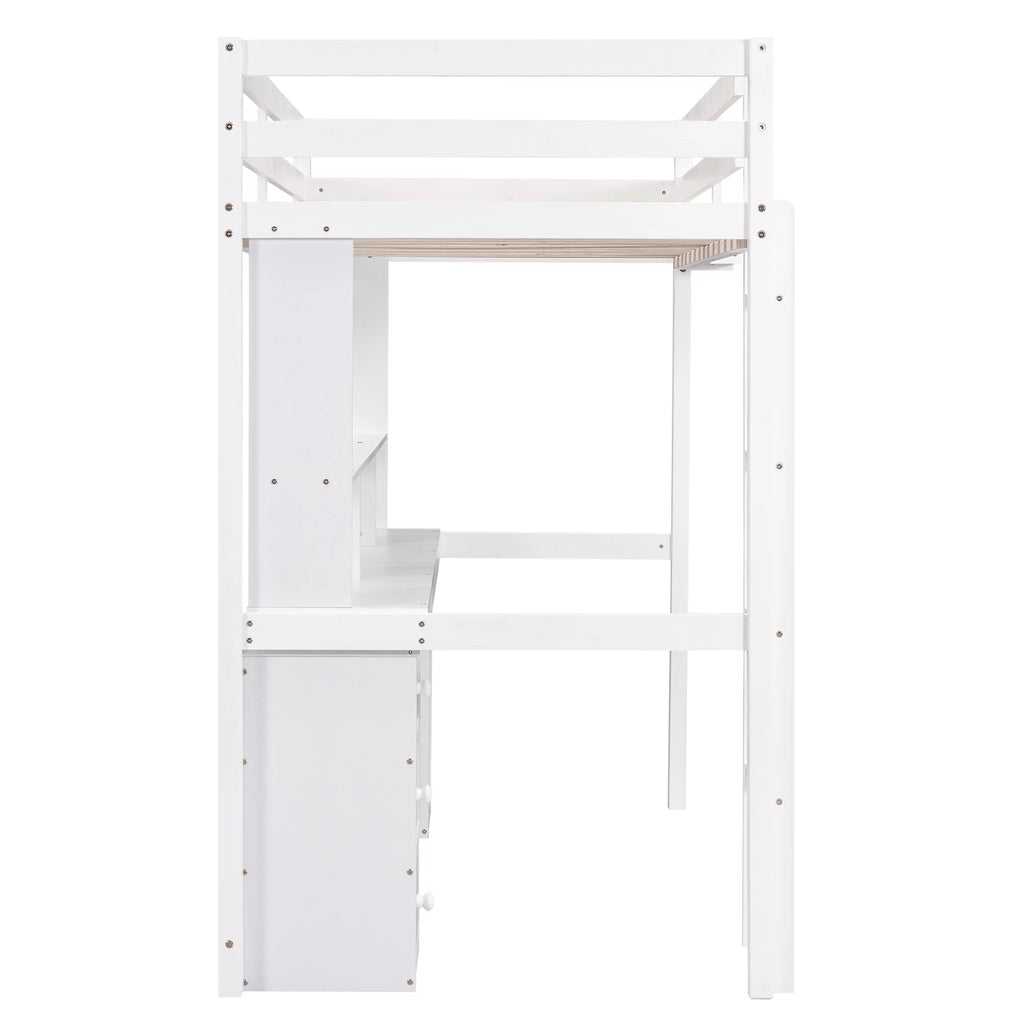 White Twin Size Loft Bed with Built-in Desk and 3 Drawers Y535