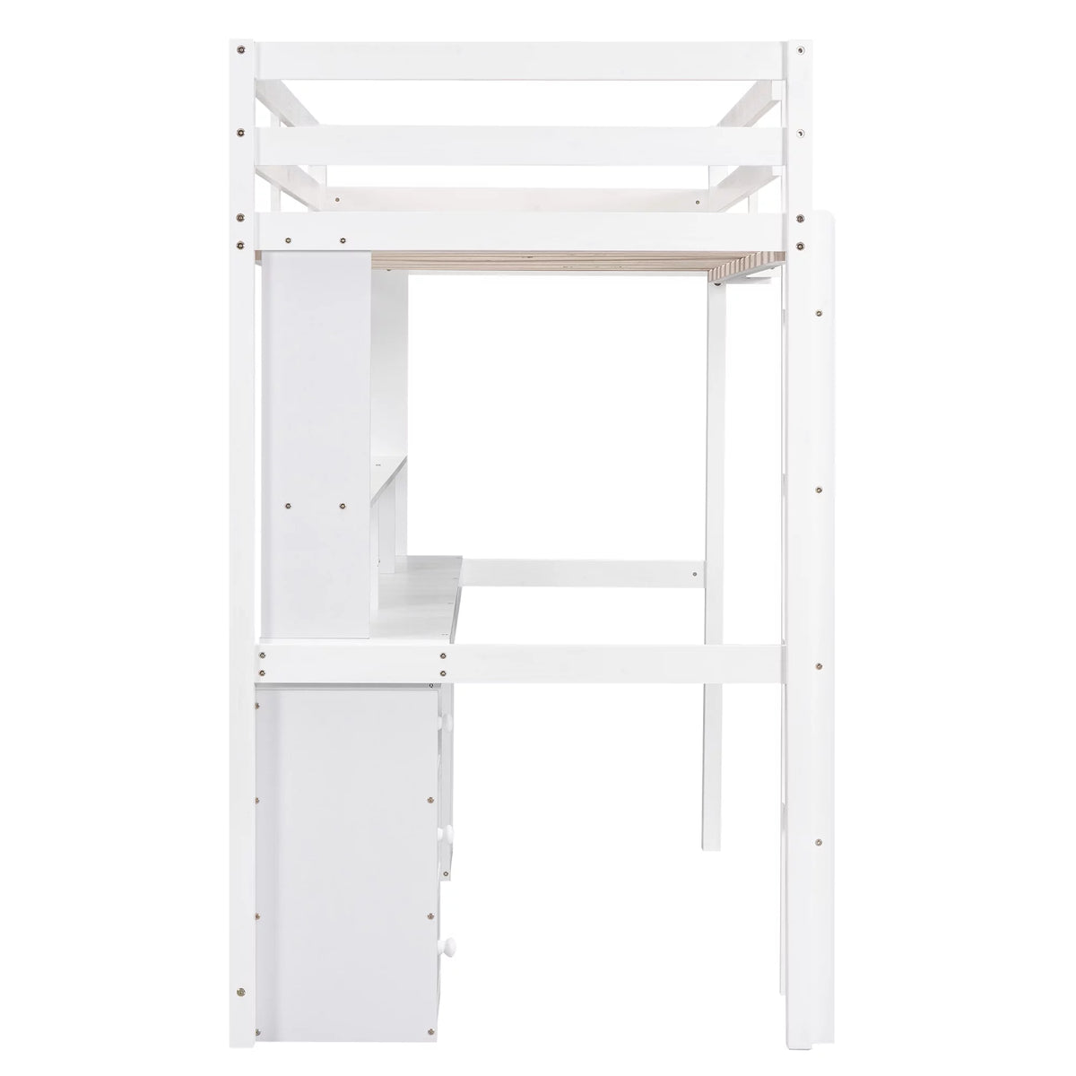 White Twin Size Loft Bed with Built-in Desk and 3 Drawers Y535