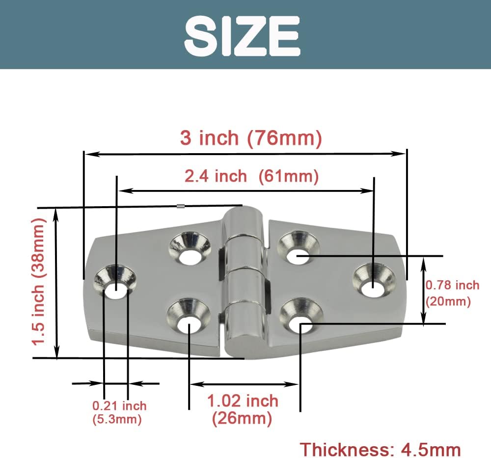 3’’ x 1.5’’ 316 Stainless Steel Marine Grade Door Hinge, Pack of 2 I4013