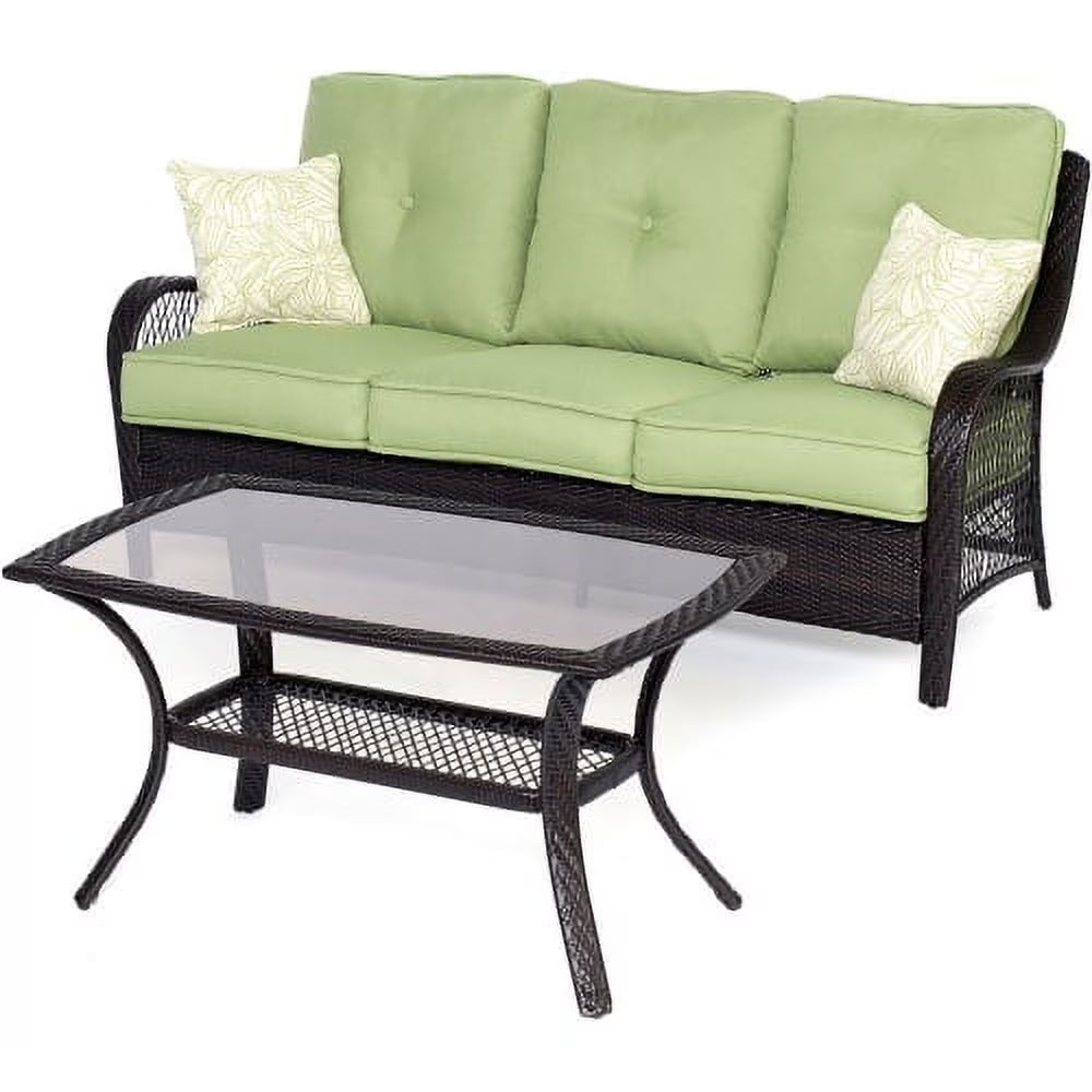 2-Piece Steel Outdoor Patio Deep Seating Set with Brown Wicker, Sofa, Avocado Green Cushions, 2 Pillows and Glass Top Rectangular Coffee Table V637
