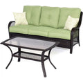 2-Piece Steel Outdoor Patio Deep Seating Set with Brown Wicker, Sofa, Avocado Green Cushions, 2 Pillows and Glass Top Rectangular Coffee Table V637