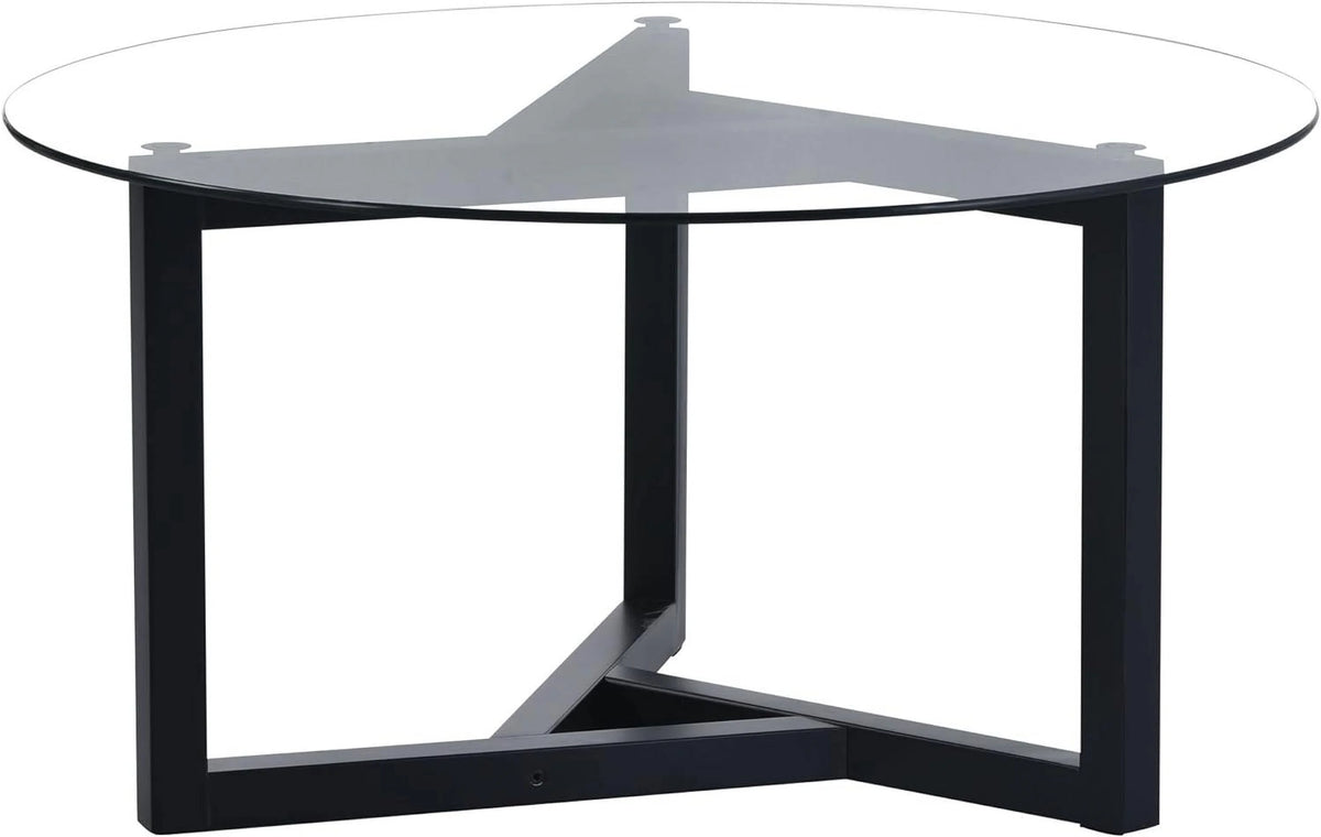 Glass Round Coffee Table with Wood Base Black Y3542