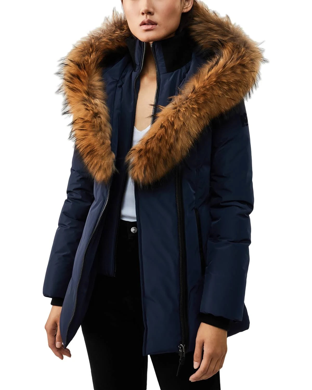 Navy Fur Trim Down Coat K162