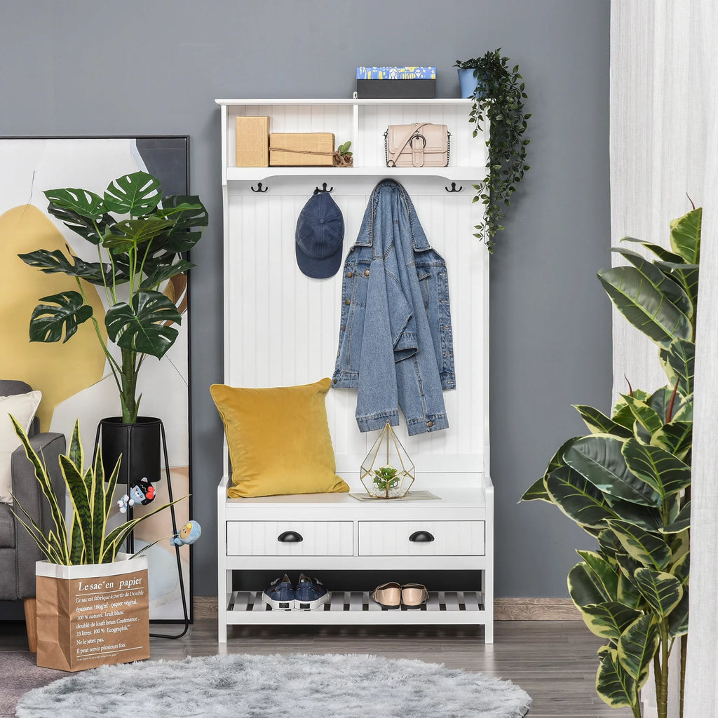 White Coat Rack and Bench with 4 Hooks, 2 Drawers I581
