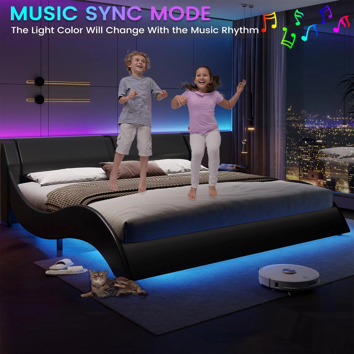 King Size Faux Leather Platform Bed Frame with Headboard and LED Lights E3454