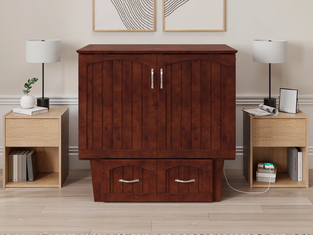 Twin Solid Wood Murphy Bed Chest with Mattress, Drawer & Charger, Walnut X35342