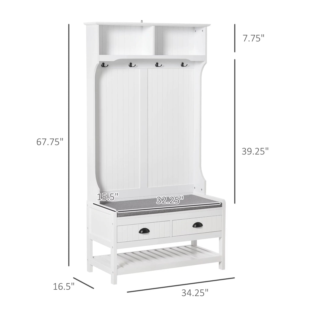 White Coat Rack and Bench with 4 Hooks, 2 Drawers I581