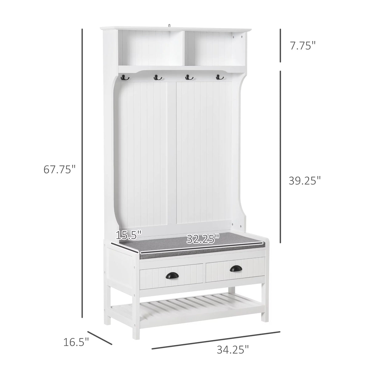 White Coat Rack and Bench with 4 Hooks, 2 Drawers I581