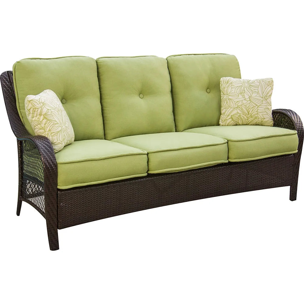 2-Piece Steel Outdoor Patio Deep Seating Set with Brown Wicker, Sofa, Avocado Green Cushions, 2 Pillows and Glass Top Rectangular Coffee Table V637