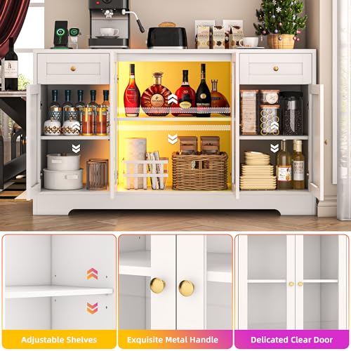 55'' Wood Coffee Bar Cabinet with 4 Doors and Charging Station W3423