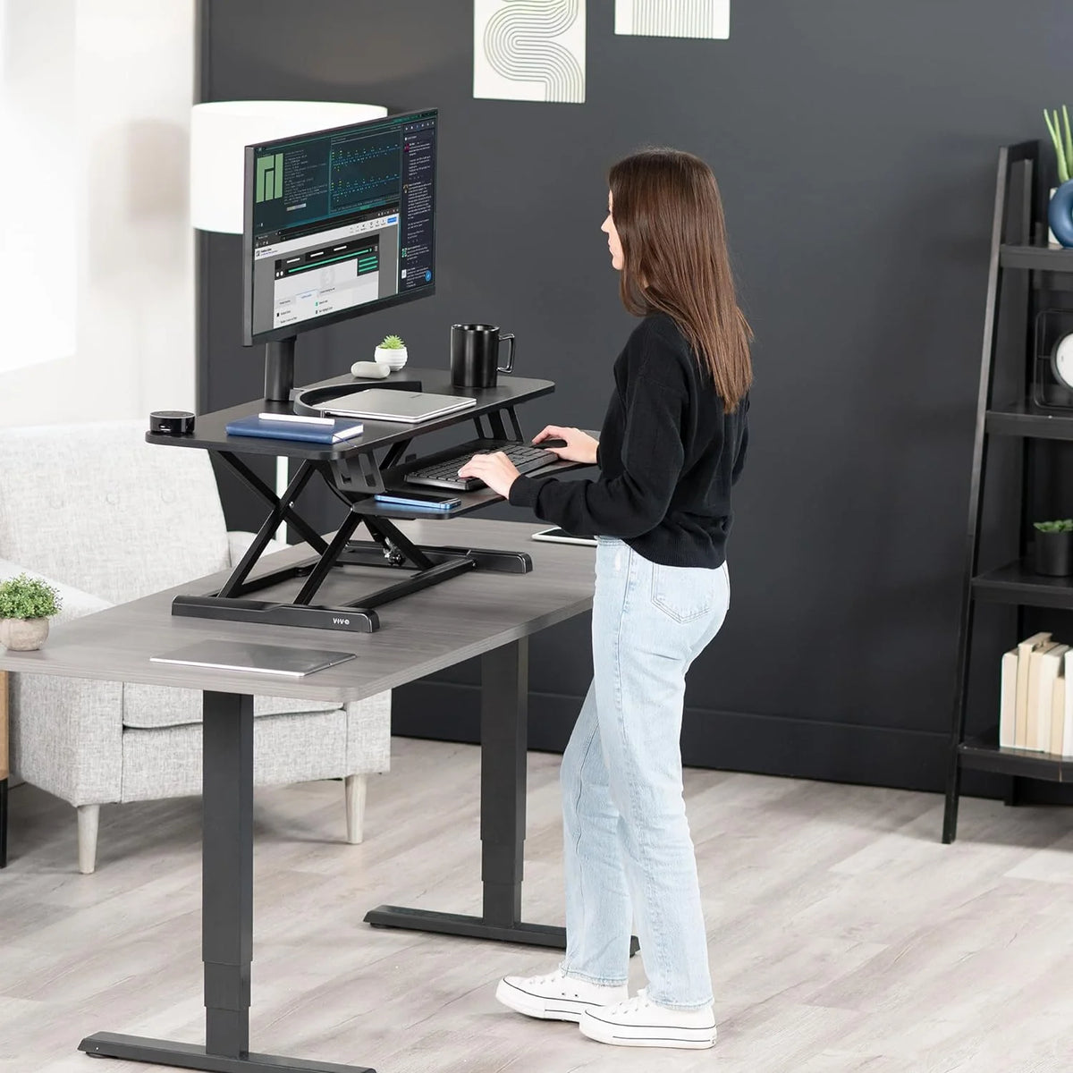 Black Height Adjustable Standing Desk Monitor Riser V789259