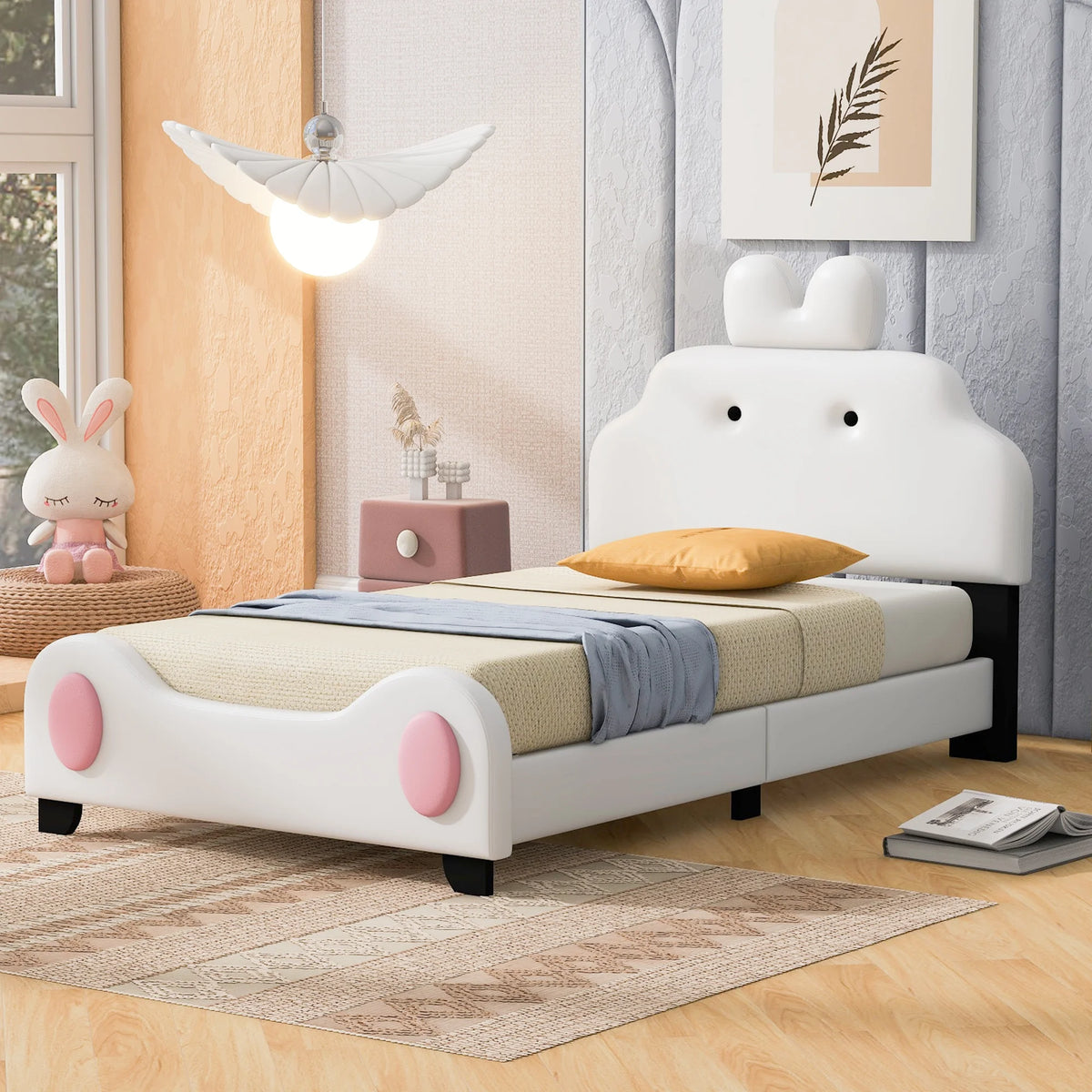 White Twin Size Upholstered Platform Bed with Headboard T765