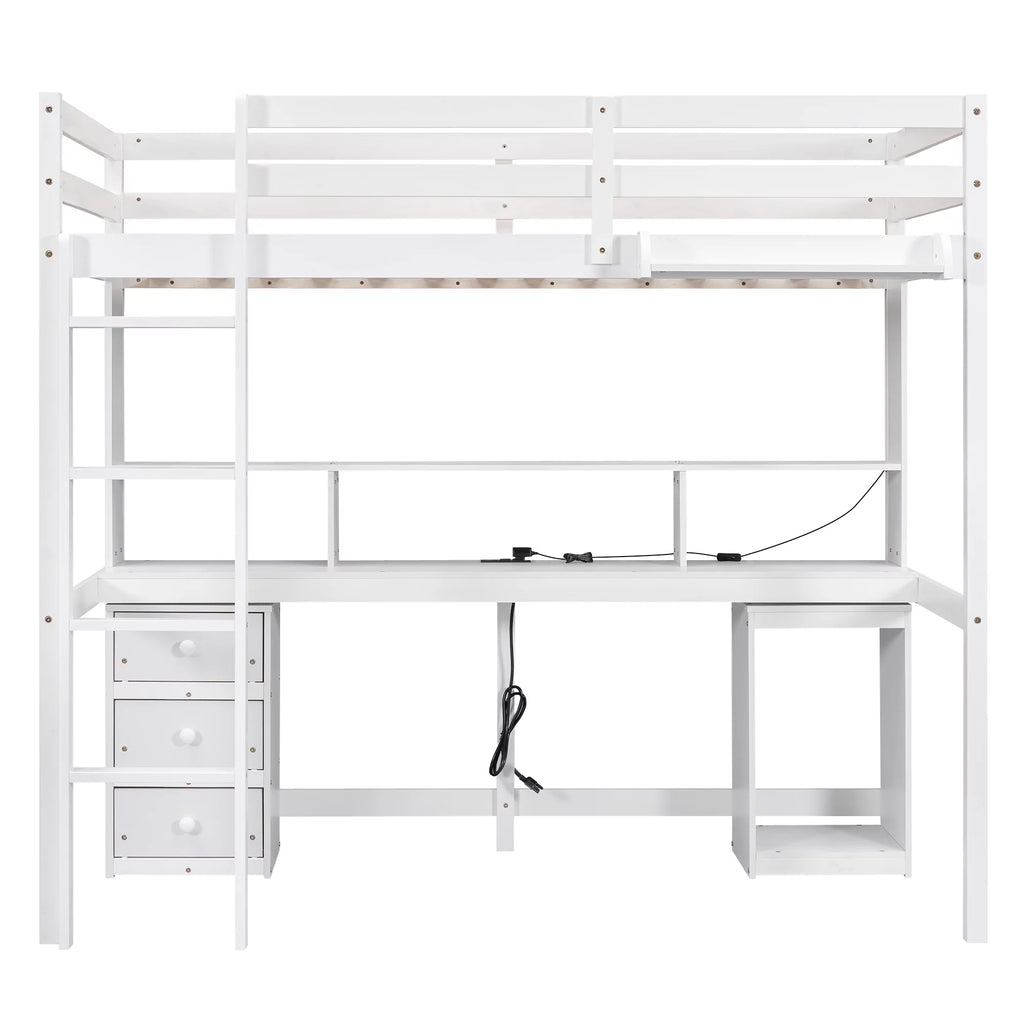 White Twin Size Loft Bed with Built-in Desk and 3 Drawers Y535