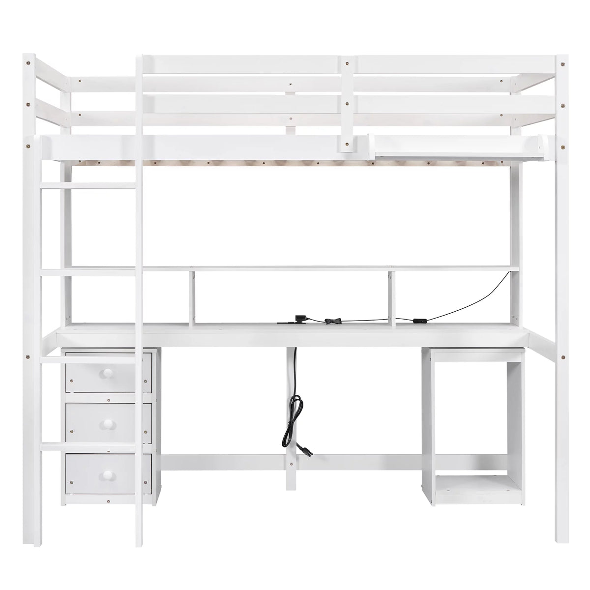White Twin Size Loft Bed with Built-in Desk and 3 Drawers Y535