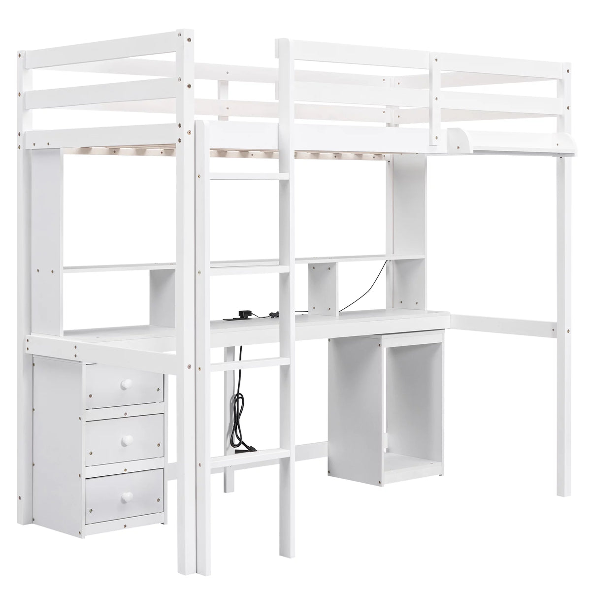 White Twin Size Loft Bed with Built-in Desk and 3 Drawers Y535