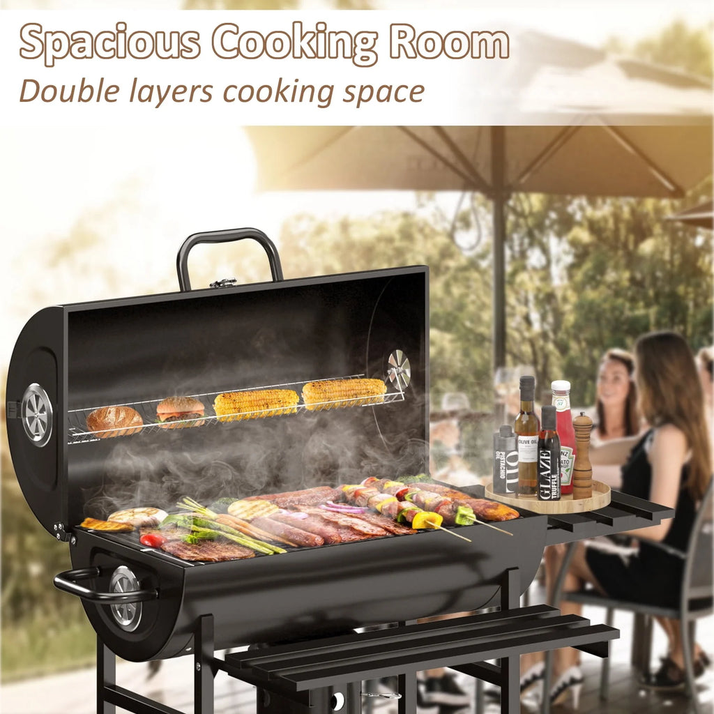 Black 29” Barrel Outdoor Charcoal Grill with Side Shelf and Wheels O572054