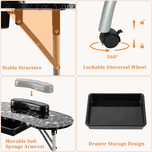 Pink Portable Manicure Nail Table with Drawer, LED Lamp, 4 Lockable Wheels, Carry Bag, Wrist Cushion, 30" H A5274