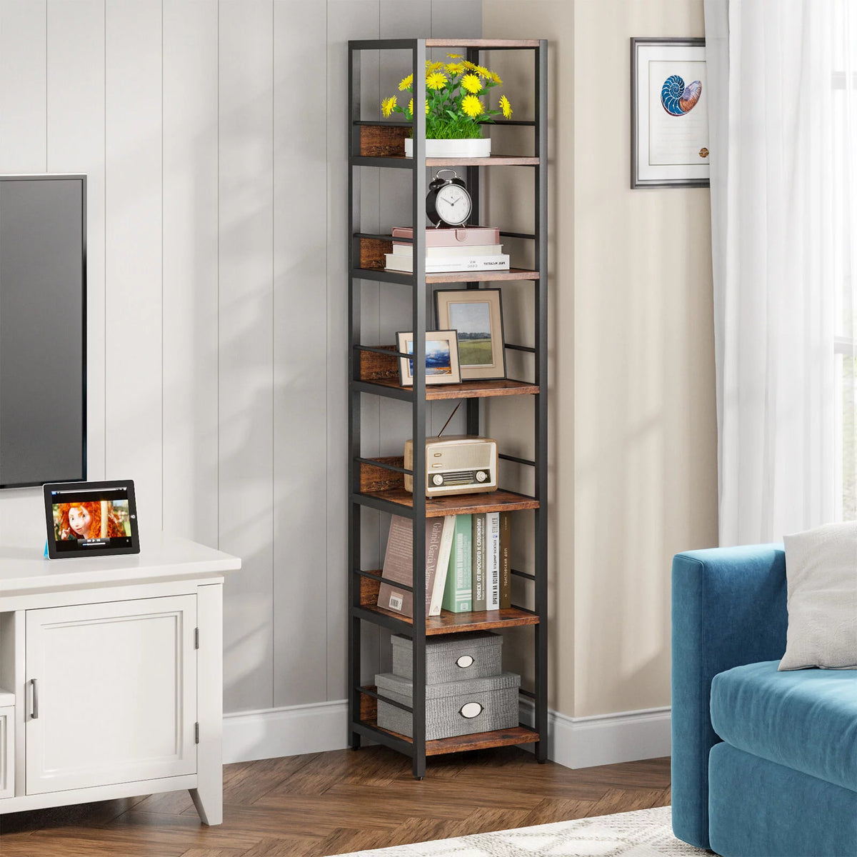 75" Tall Narrow 6 Tier Corner Bookshelf H8094