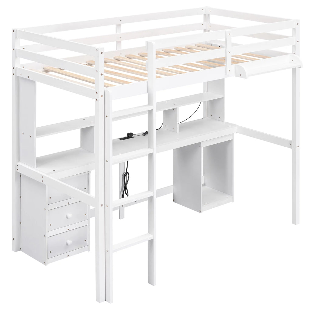 White Twin Size Loft Bed with Built-in Desk and 3 Drawers Y535