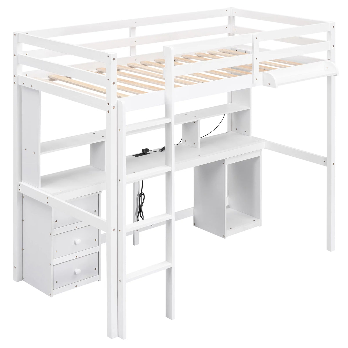 White Twin Size Loft Bed with Built-in Desk and 3 Drawers Y535