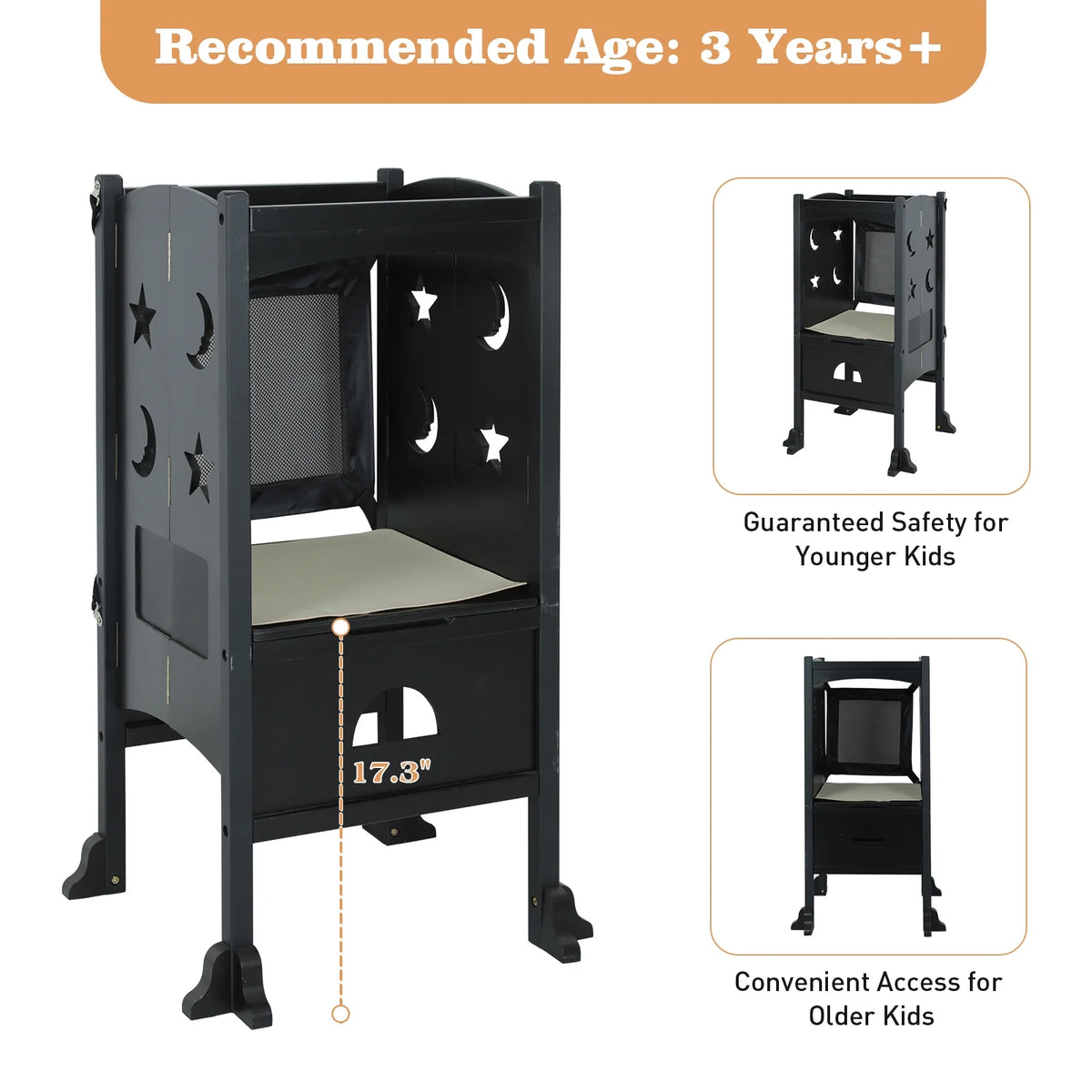 Wooden Folding Toddler Kitchen Step Stool, Black P8614