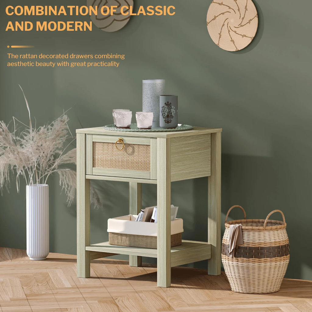 White Nightstand Set of 2 with Rattan Drawer and Open Storage Shelf J8894