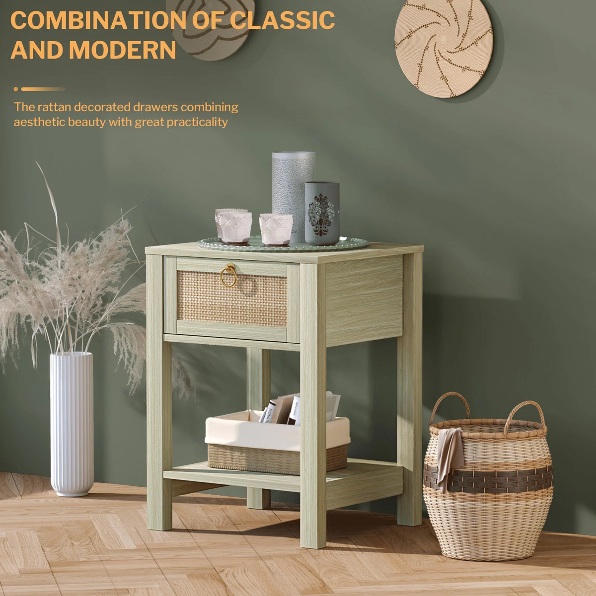 White Nightstand Set of 2 with Rattan Drawer and Open Storage Shelf J8894