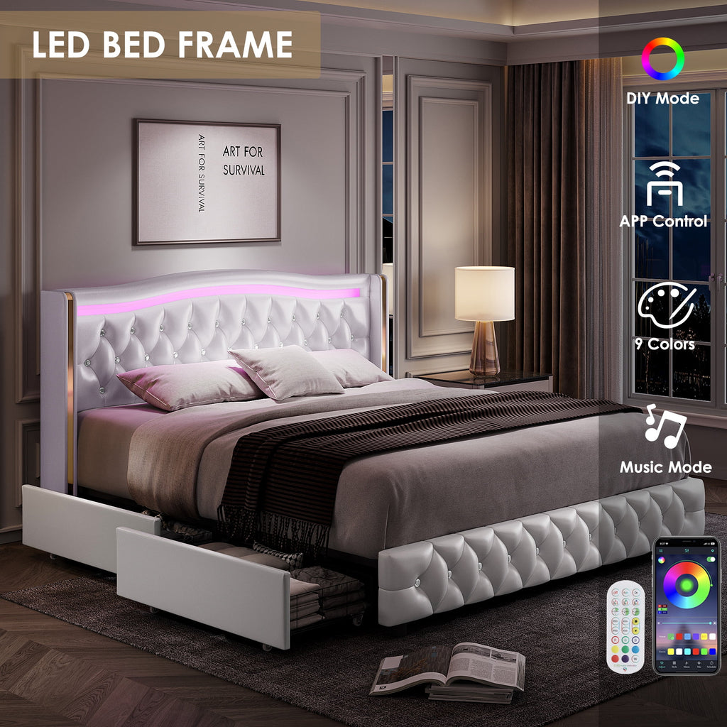 White Queen Size LED Bed Frame with 4 Storage Drawers B655