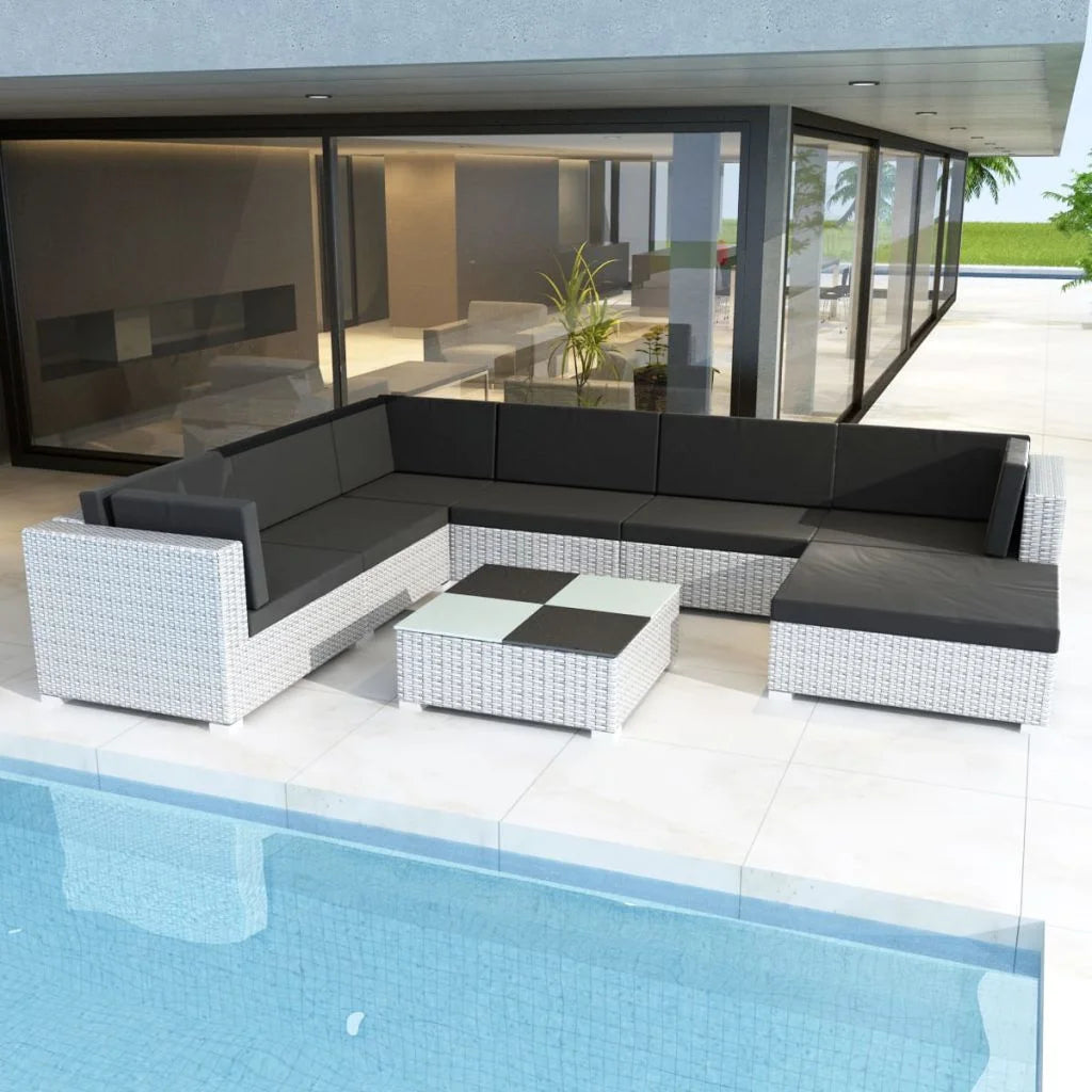 8 Piece Poly Rattan Patio Lounge Set with Black Cushions N82790