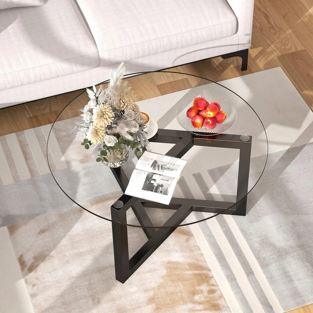 Glass Round Coffee Table with Wood Base Black Y3542