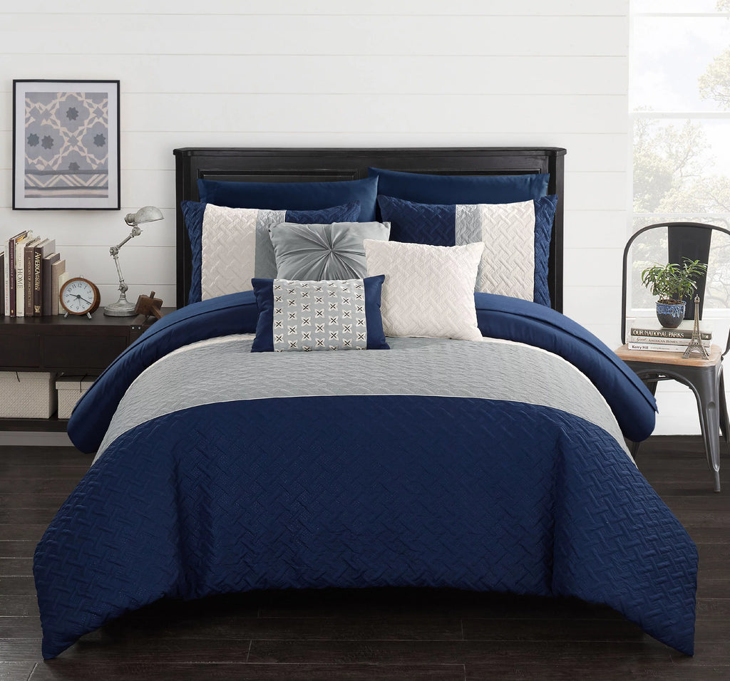 Queen Navy 10-Piece Quilted Embroidered Comforter Set E87813