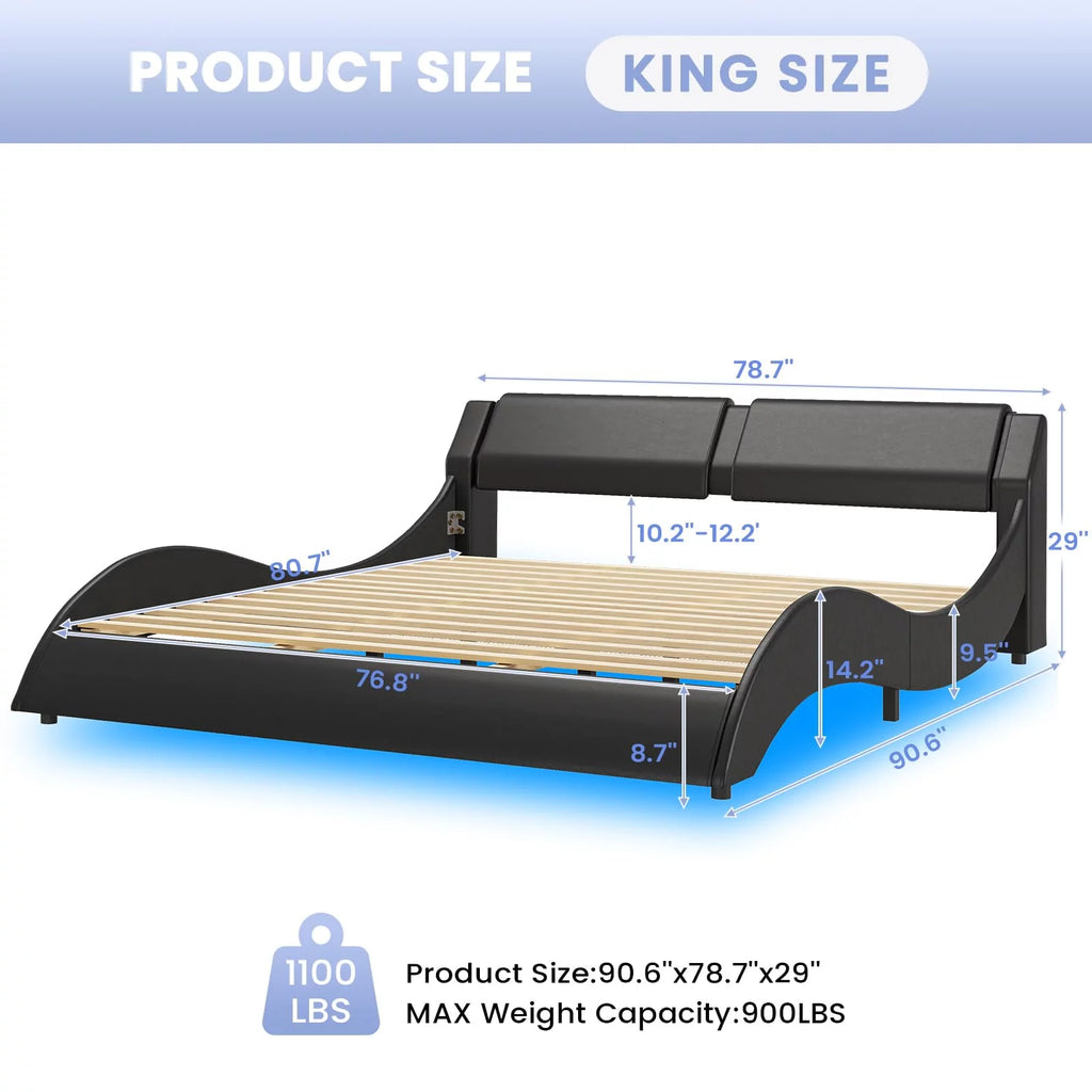 King Size Faux Leather Platform Bed Frame with Headboard and LED Lights E3454