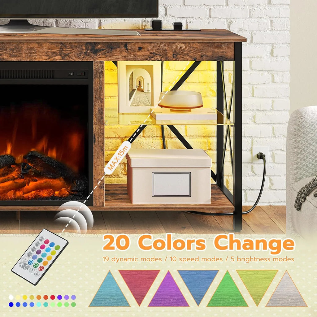 Rustic Brown Fireplace TV Stand with Led Lights and Power Outlets X613