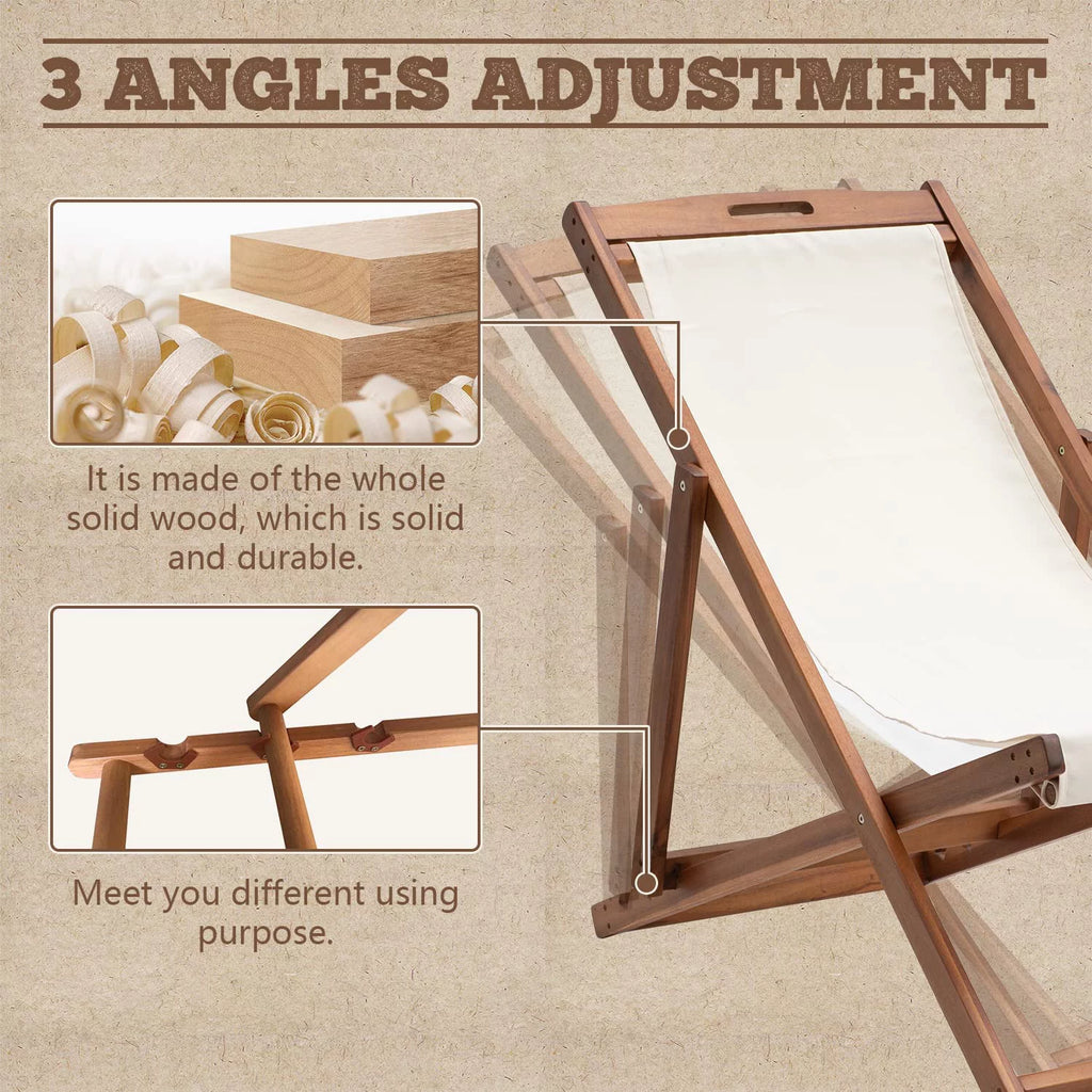 Outdoor Wooden Patio Lounge Chair 2 Set Beach Sling Chair Portable Reclining Solid Wood Frame White Polyester Canvas Khaki T41953