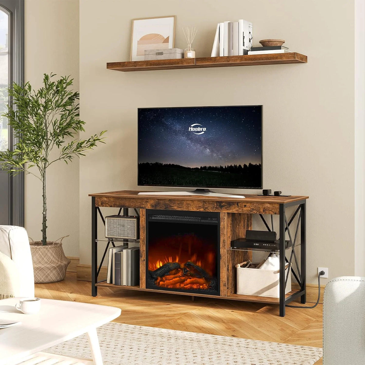 Rustic Brown Fireplace TV Stand with Led Lights and Power Outlets X613