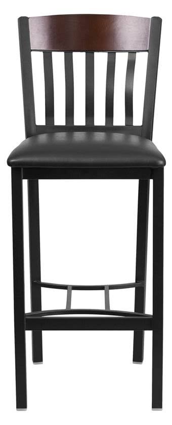 Black Metal and Walnut Wood Restaurant Barstool with Black Vinyl Seat G82600