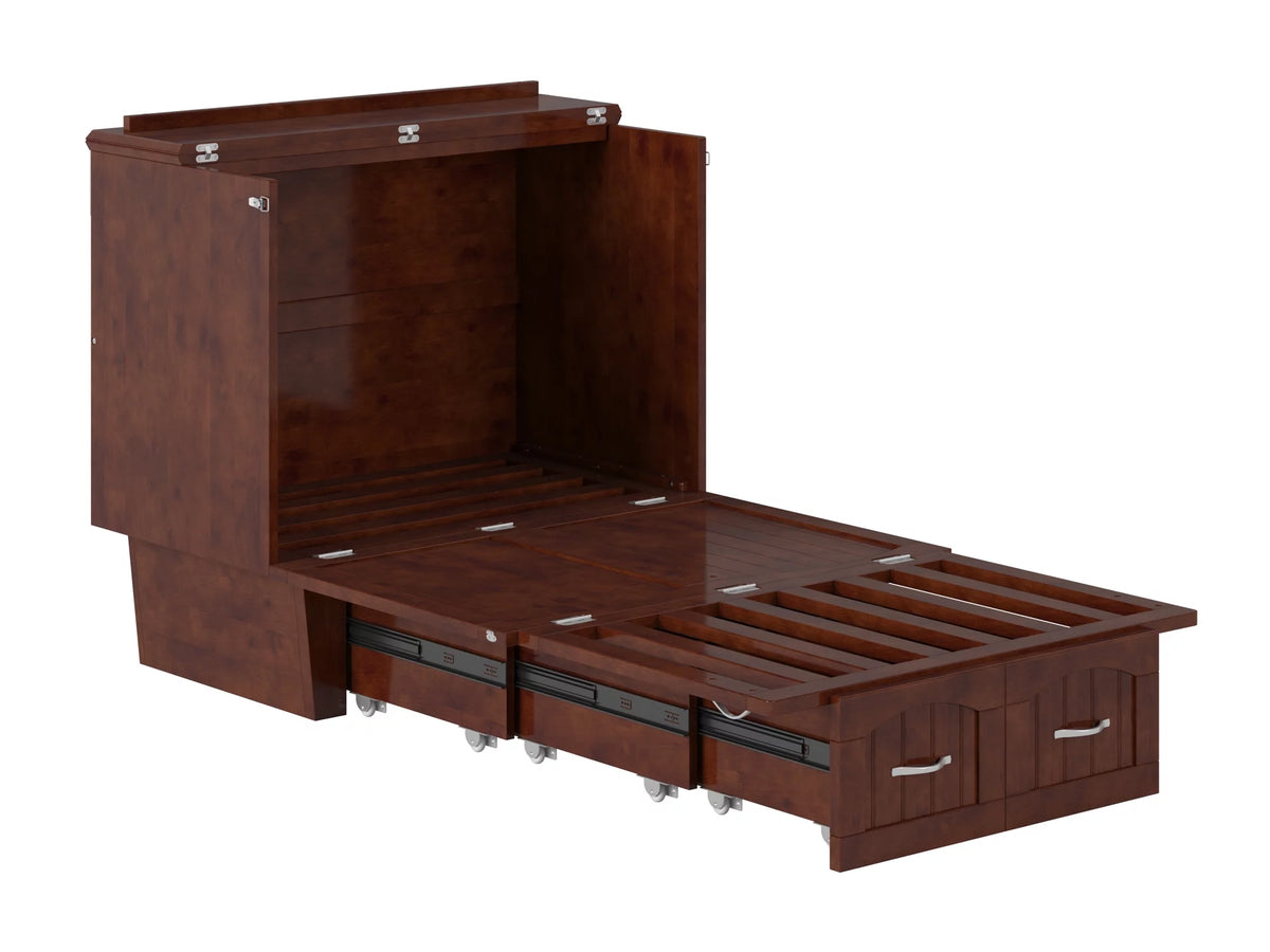 Twin Solid Wood Murphy Bed Chest with Mattress, Drawer & Charger, Walnut X35342