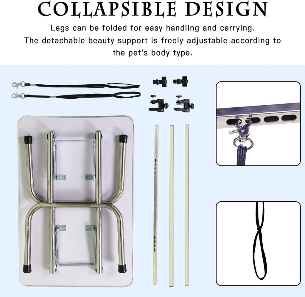 36" Folding Dog Pet Grooming Table with Adjustable Arm and Clamps, Loop Noose Stainless Steel Frame Rubber Mat D862