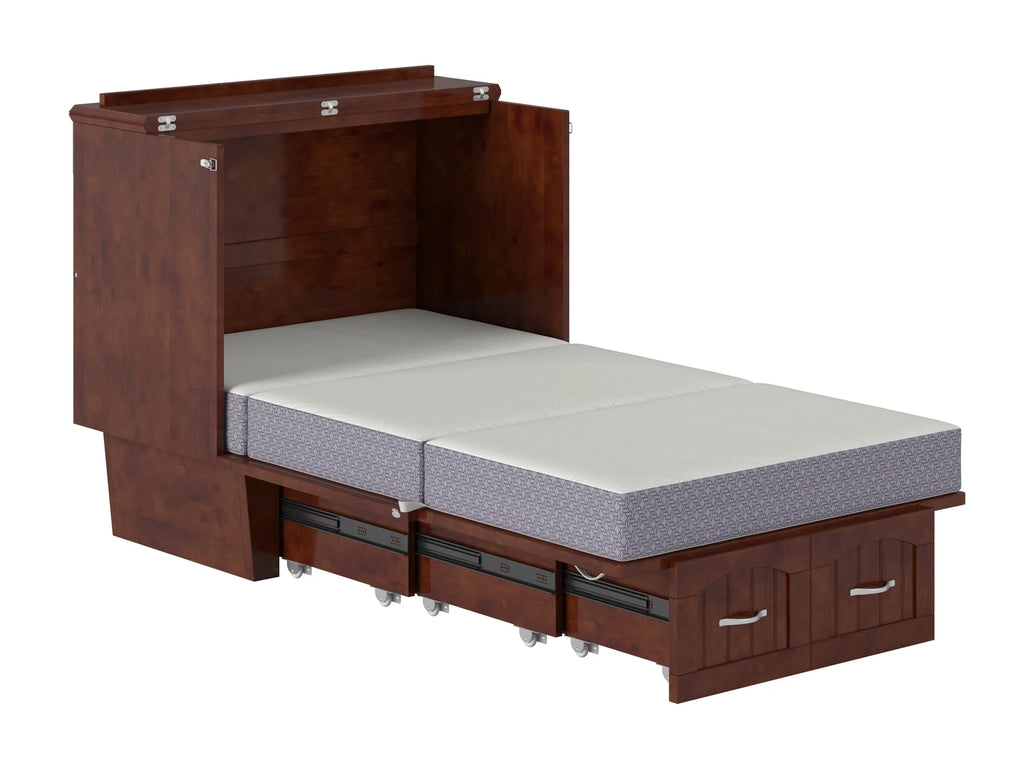 Twin Solid Wood Murphy Bed Chest with Mattress, Drawer & Charger, Walnut X35342