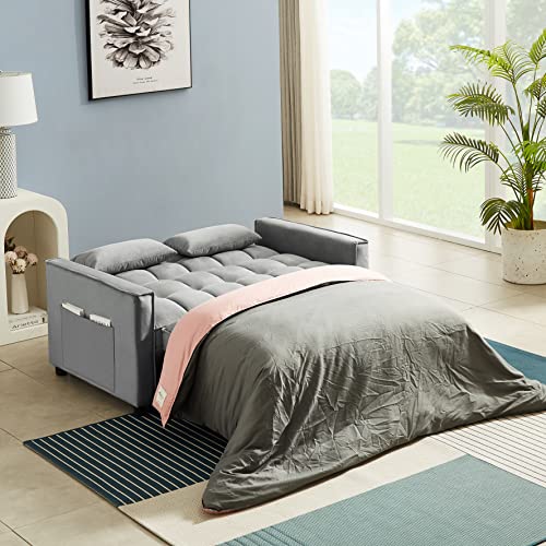 Beige Velvet Convertible Sleeper Sofa Bed with Pullout Bed F928358