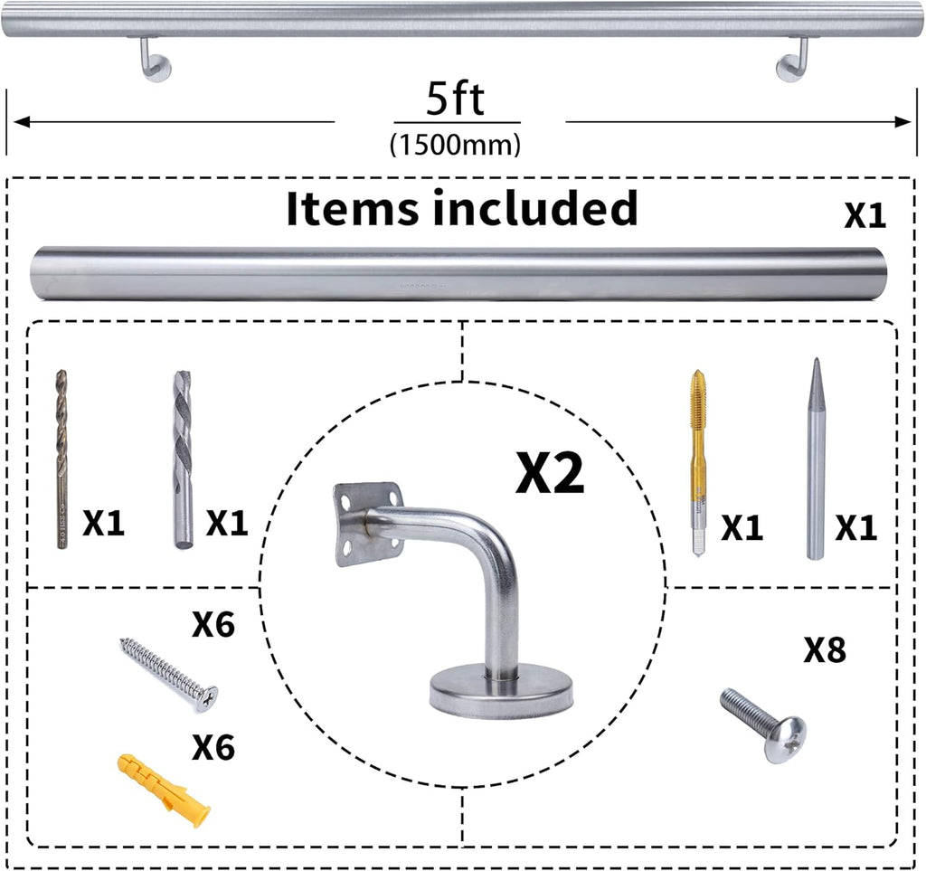 Brushed Stainless Steel Wall Mounted Stair Handrail S653