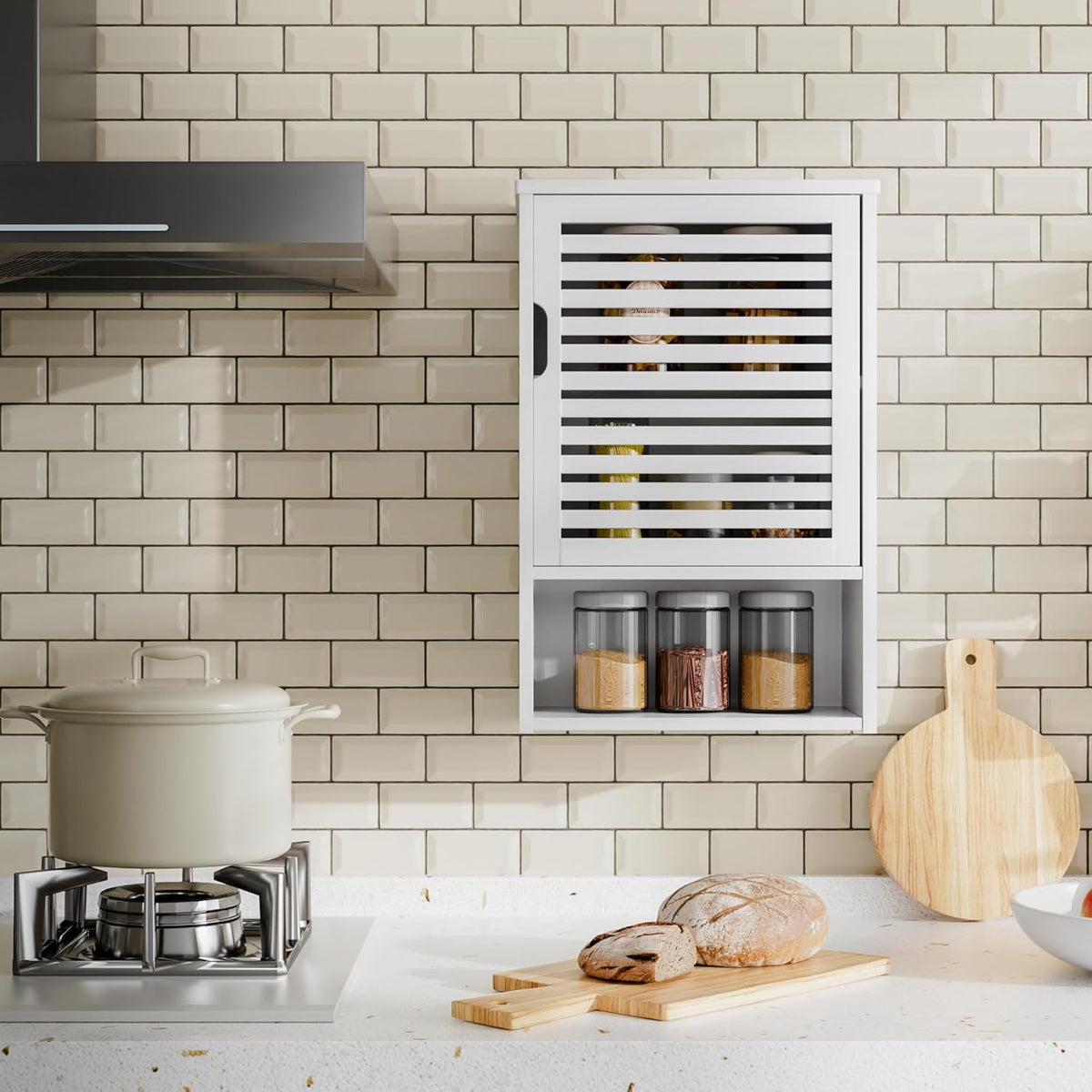 White Freestanding Bamboo Floor Cabinet with Adjustable Shelves and 4 Hooks L943024