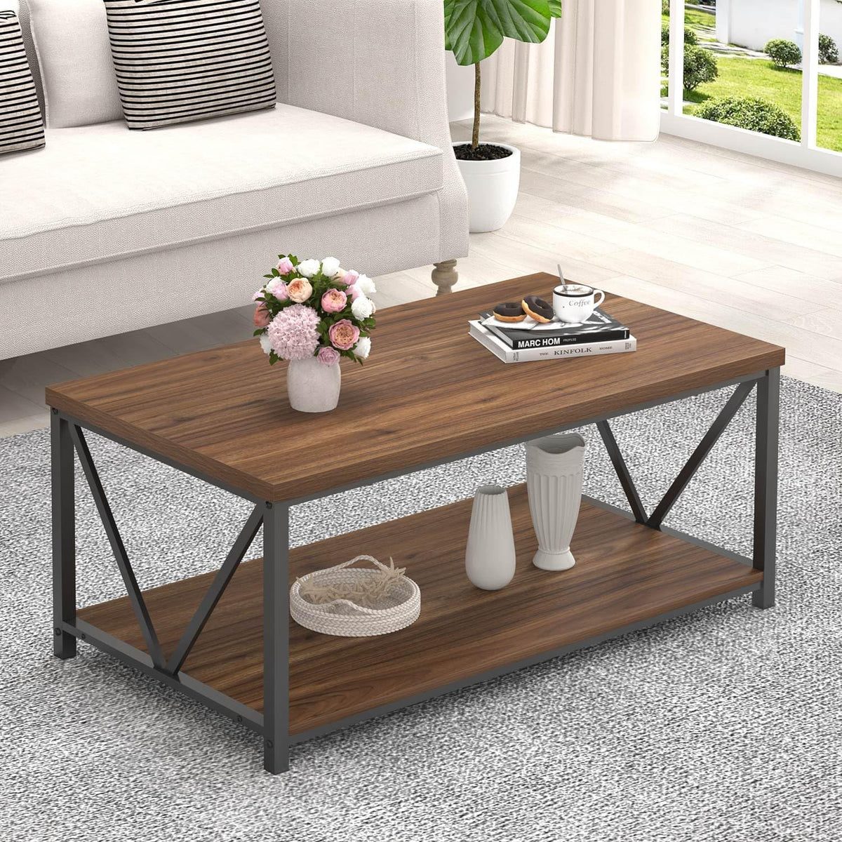 Rustic Walnut Coffee Table with Storage Shelf C9981
