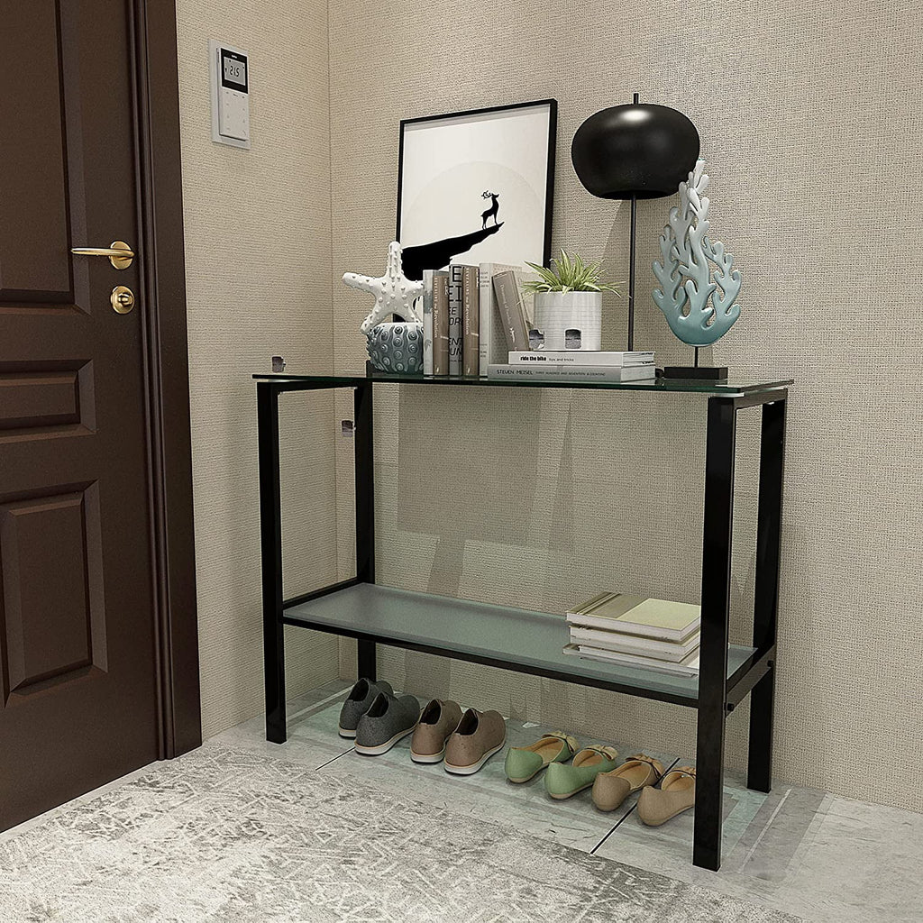 39.37" Black Console Table with 2 Shelves Tempered Glass Metal Frame Q95493