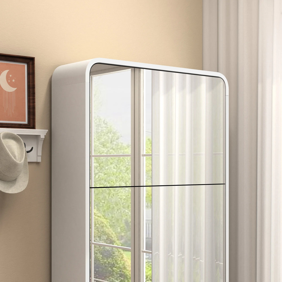 White 4 Flip Drawers Wood Shoe Cabinet with Mirror E31236