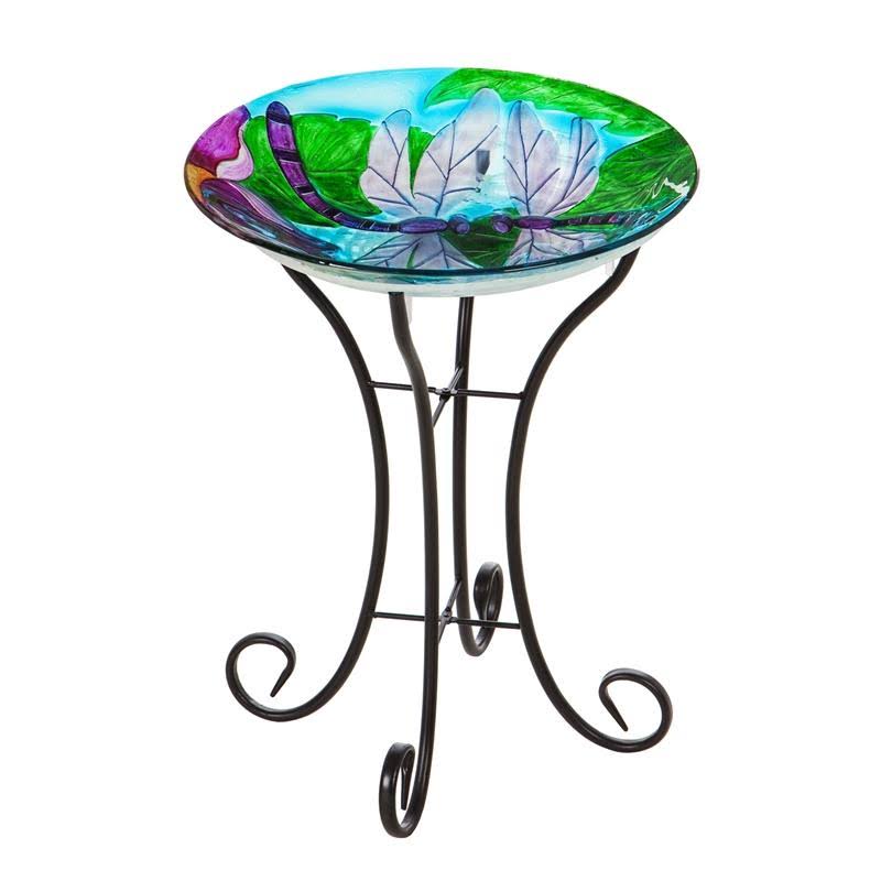 Solar Hand Painted Glass Bird Bath with Stand F75397