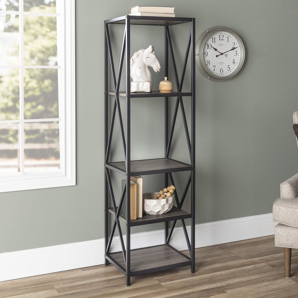 4 Tier Grey Metal Wood Bookcase I82144