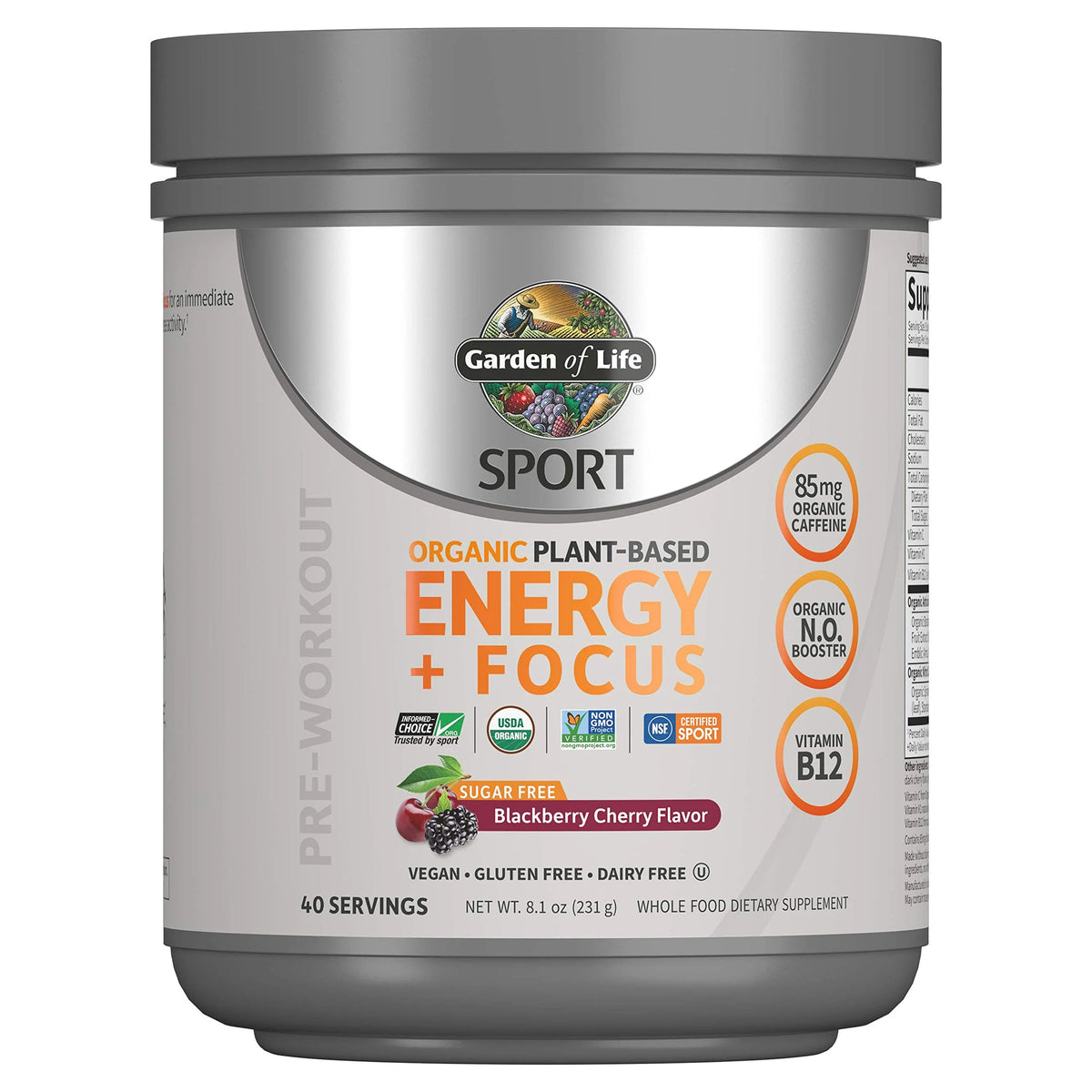 Organic Plant-Based Pre Workout Powder BlackBerry Cherry 40 Servings 8.14 Oz S6201
