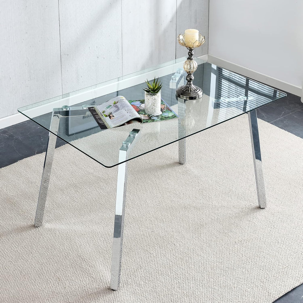 Rectangular Glass Dining Table with Tempered Glass Top and Silver Metal Legs M571408